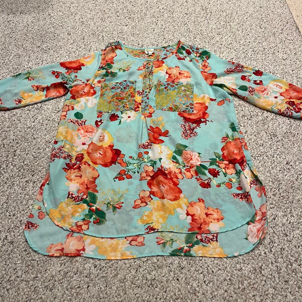 Fig & Flower Women's Popover Floral Blouse Sz 1X Feminine Career Casual Blue